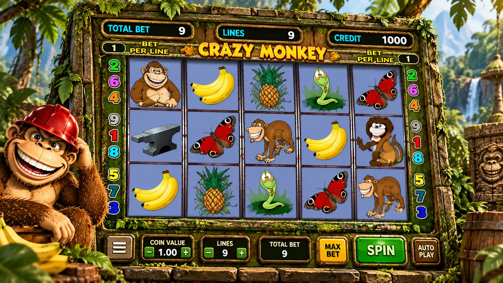 Иллюстрация интерфейса Crazy Monkey с пятью барабанами